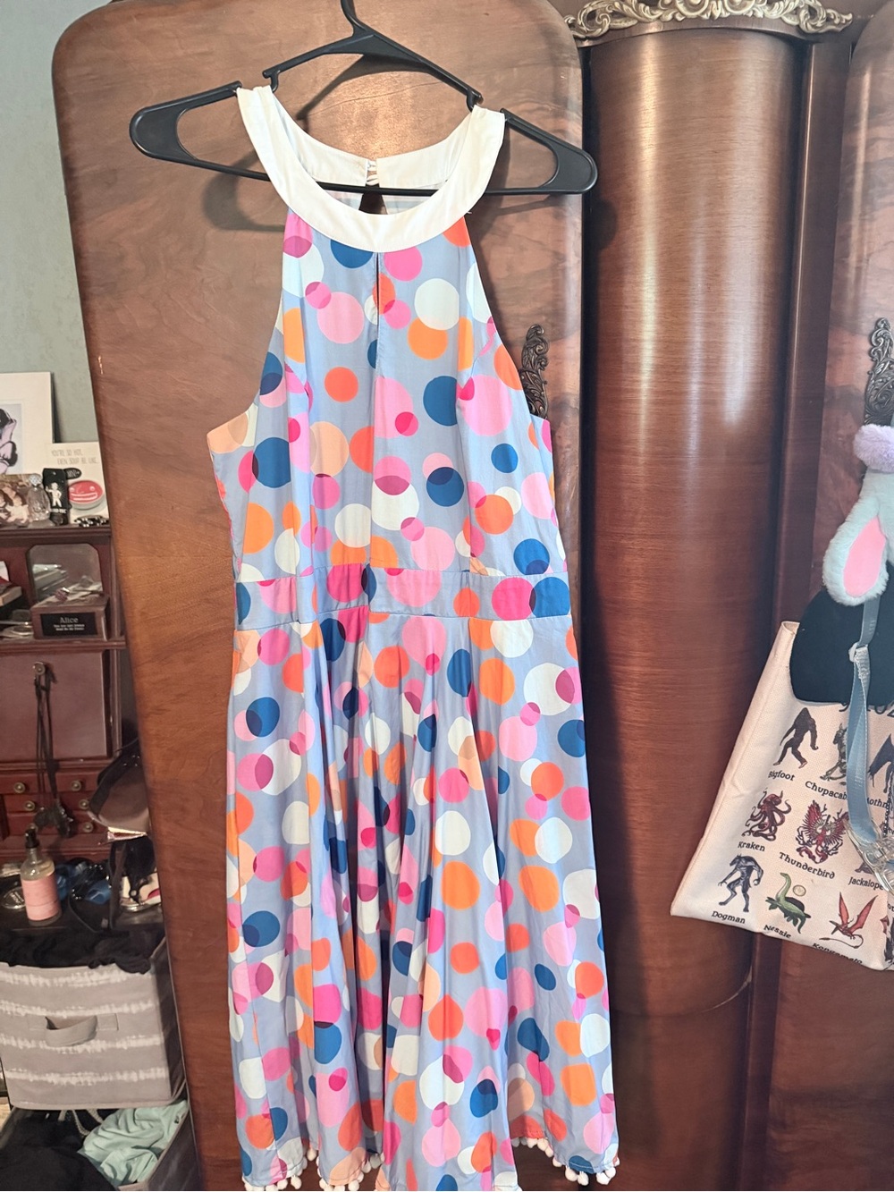 Sleeveless Midi Dress in Multi Dot Print - White Trim